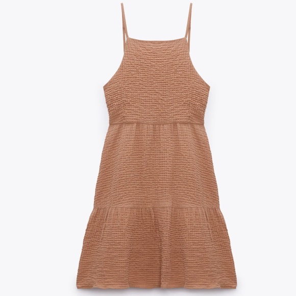 NWT Zara Short Tiered Dress XL Straw Tan Beige - Picture 4 of 5